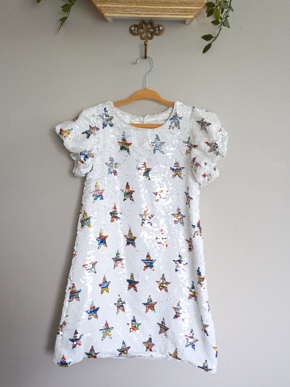 Girls' White Sequin Star Dress with Puff Sleeves